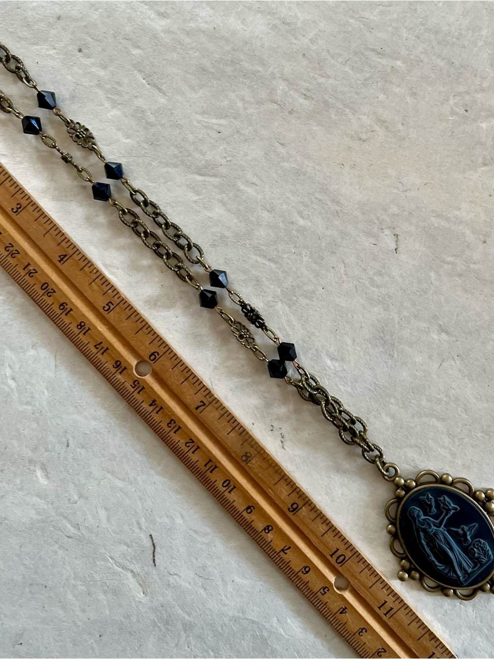 Vintage 1940s Black Glass Goddess Cameo Necklace with Brass Czech Chain - Picture 6 of 16